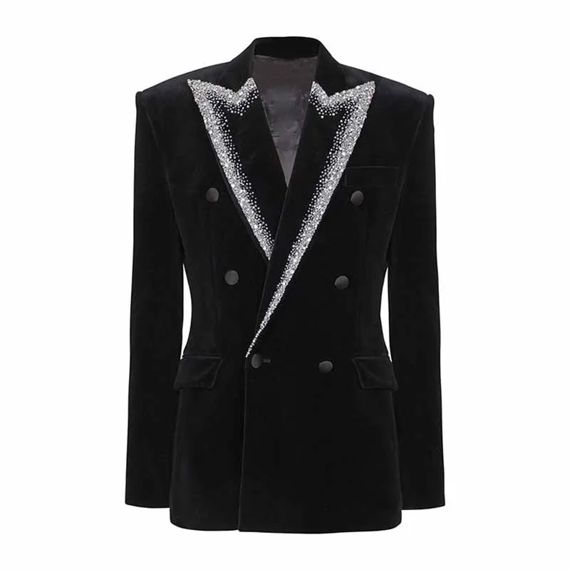 Women's Coats with Fur Trimmed ZipperWomen's Velvet Jacket with Beasted Collar Black Double Breasted Blazer