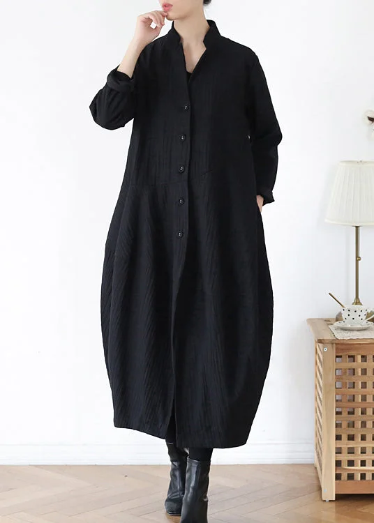 Stylish Women's CoatsUnique Black V Neck Pockets Linen Trench Coats Long Sleeve