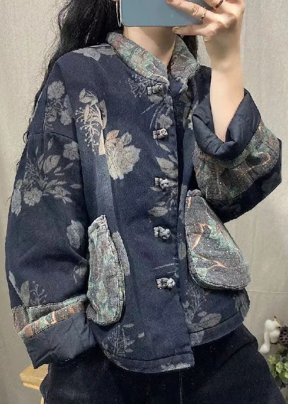 Women's Coats with Fur Trimmed PocketsVintage Navy Pockets Print Fine Cotton Filled Denim Jacket Spring