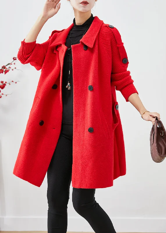 Women's Coats with Fur Trimmed BeltWomen Red Oversized Knit Patchwork Woolen Coat Fall