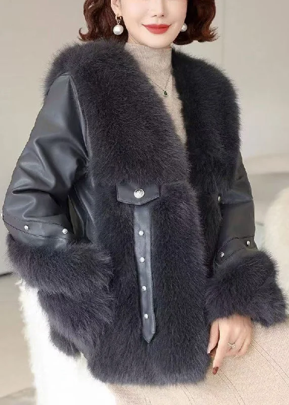 Women's Coats with Fur Trimmed ZipperBlack Pockets Patchwork Mink Velvet Coats V Neck Winter