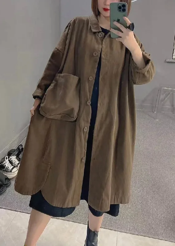 Women's Trench CoatsArt Coffee Colour Peter Pan Collar Pockets Patchwork Button Cotton Trench Coats Long Sleeve