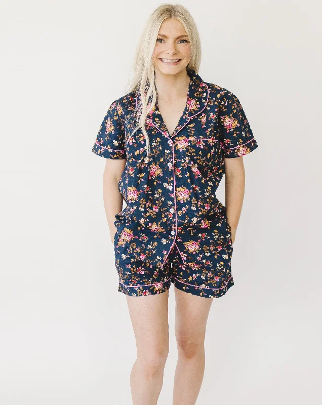 women's pajamas with hidden pocketsLilly Navy Floral Women's Short Sleeve Shirt & Shorts Set