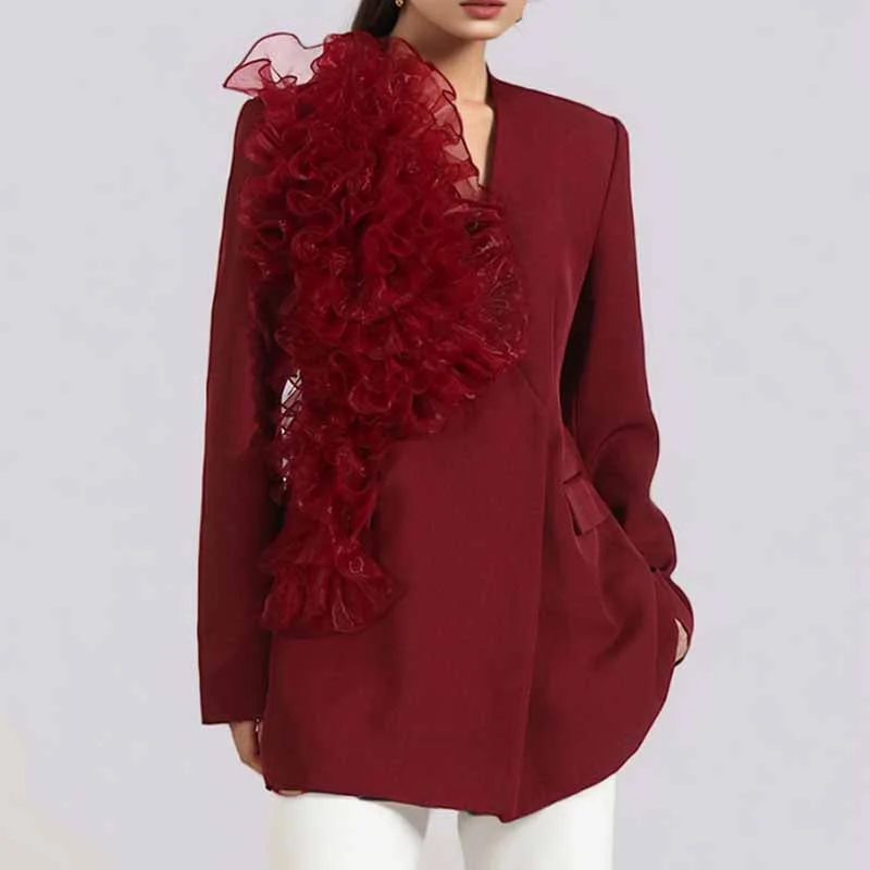 Women's Coats with Fur Trimmed SleevesWomen's Burgundy Blazer With Flounce Jacket