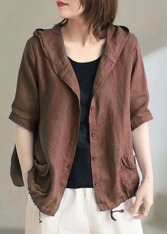 Women's Coats with SleevesVintage Coffee Hooded Pockets Cinched Button Patchwork Linen Coats Summer