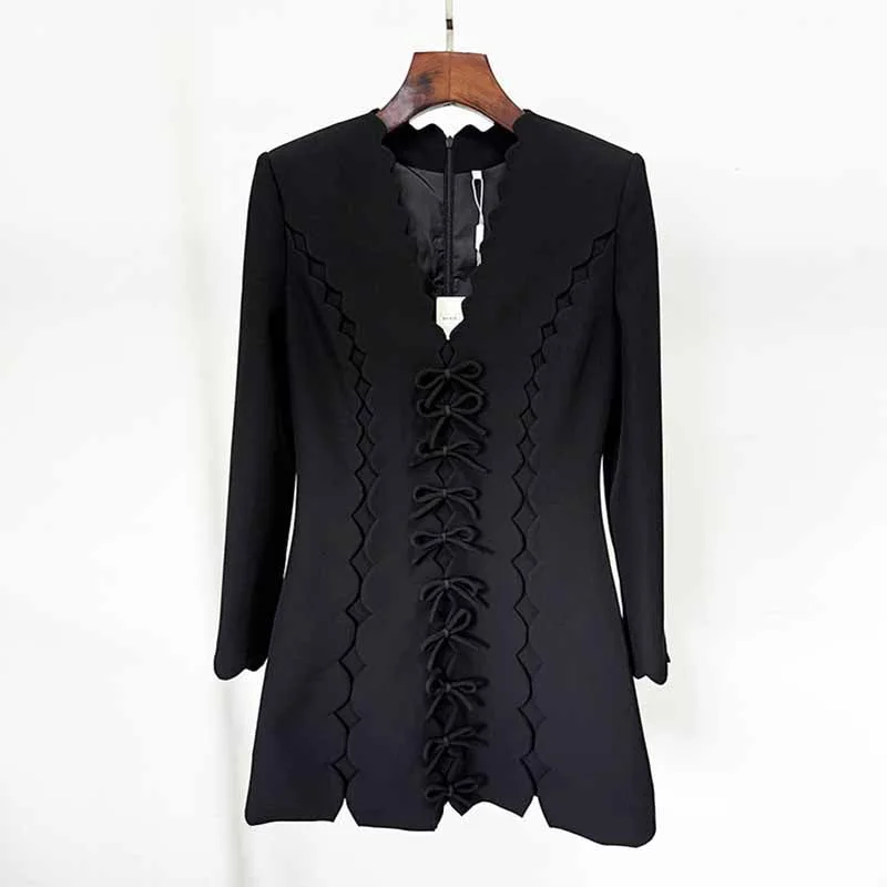 Women's Button-Up CoatsWomen Fitted Mini Black Dress With Bow Embroidered