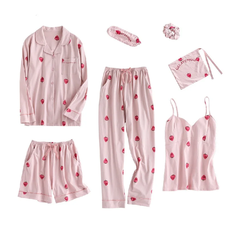 women's pajamas with cozy footies7 Pieces Spring And Summer Strawberry Pajamas Set