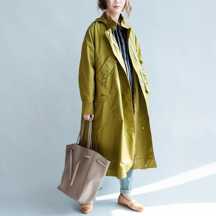 Women's Coats with Fur Trimmed ButtonsYellow coats hoodied cotton trench coats outwear long windbreakers oversize maxi coats