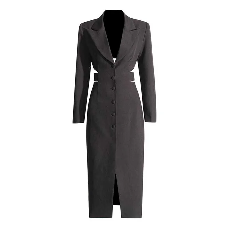 Women's Coats with Fur Trimmed PocketsWomen's Cut-Out Maxi Coat Slim Fit Black Blazer Dress