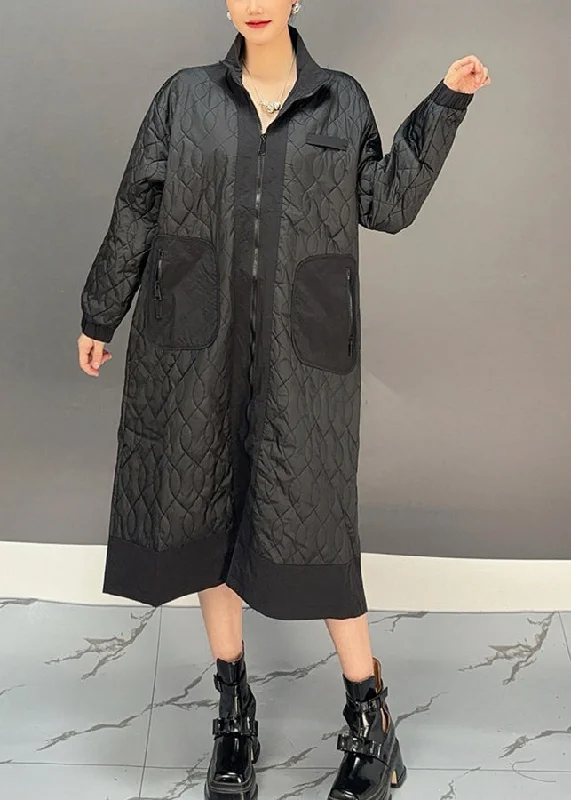 Women's Hooded CoatsPlus Size Black Peter Pan Collar Embroidered Plaid Pockets Long Parka Winter