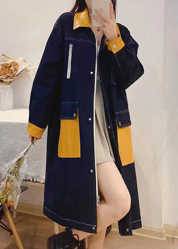 Women's Button-Up CoatsBohemian Denim Blue Peter Pan Collar Patchwork Zippered Button Linen Long Trench Coats Fall