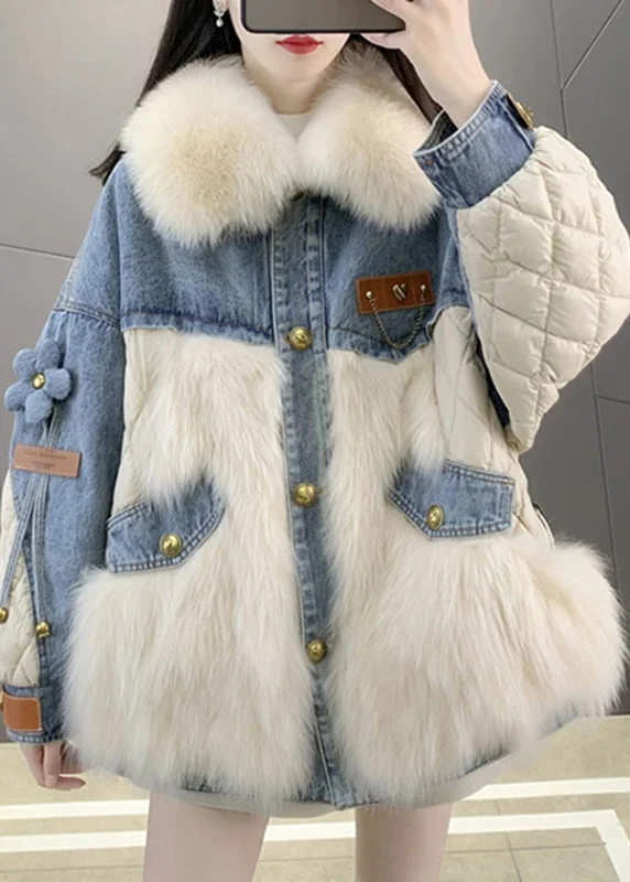 Women's Coats with Fur Trimmed HoodBeige Fox collar Denim Patchwork Button Down Coats Winter