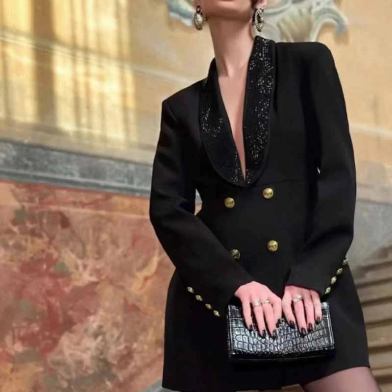 Women's Winter CoatsWomen's Black Sequin Embellished Backless Blazer Minidress