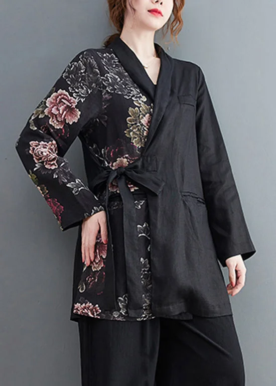 Women's Denim CoatsWomen Black tie waist Asymmetrical Pockets Print Linen coat Long Sleeve