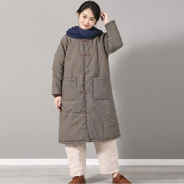 Stylish Women's CoatsWinter Vintage Plaid Double Breasted Cotton Linen Thick Coats