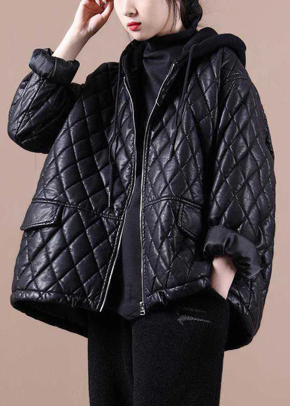 Women's Coats with Fur Trimmed PocketsLuxury Black Hooded Zippered Patchwork Winter Winter Coats Long Sleeve