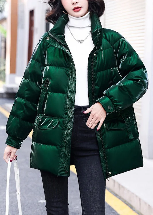 Women's Coats with Fur Trimmed CollarLoose Green Zippered Pockets Duck Down Coats Winter