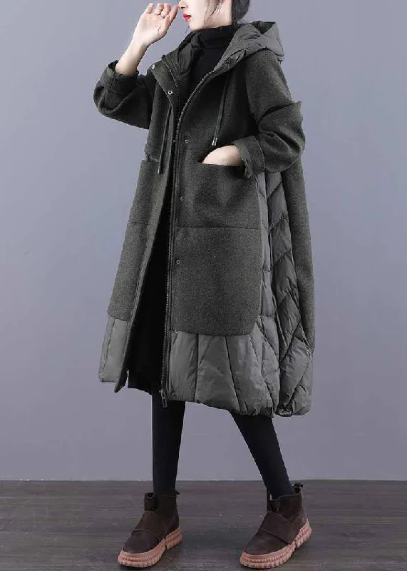 Women's Wool CoatsVintage Tea Green Hooded Patchwork Woolen Winter Coat