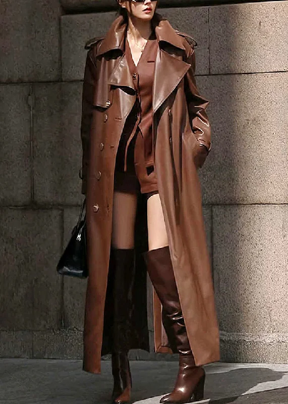 Women's Anorak CoatsFrench Coffee Notched Button Faux Leather Long Trench Coat Winter