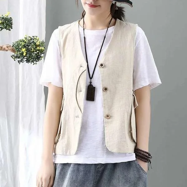 Women's Coats with Fur Trimmed PocketsKorean Style Vintage V-neck Single Breasted Loose Casual Female Cotton Linen Vest Coats