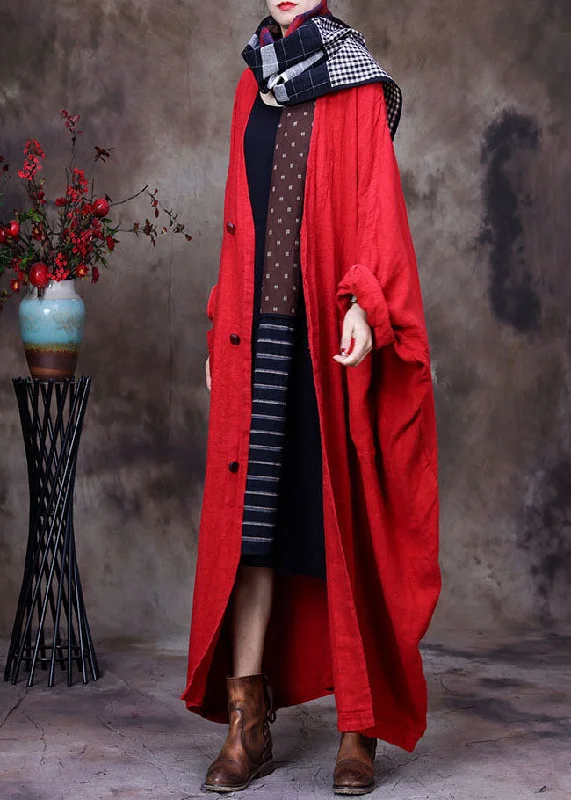 Women's Blazer CoatsFrench Red V Neck Oversized Linen Trench Coat Long Sleeve