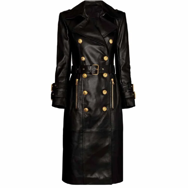 Women's Leather CoatsWomen Beltted Double Breasted Faux Leather Trench Coat