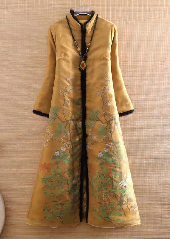 Women's Quilted CoatsNew Yellow Fur Collar Print Cotton Filled Long Coat Winter