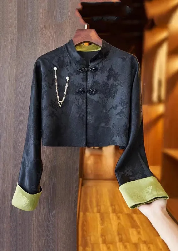 Women's Coats with Fur Trimmed CollarSlim Fit Black Stand Collar Embroideried Button Silk Linen Coat Long Sleeve