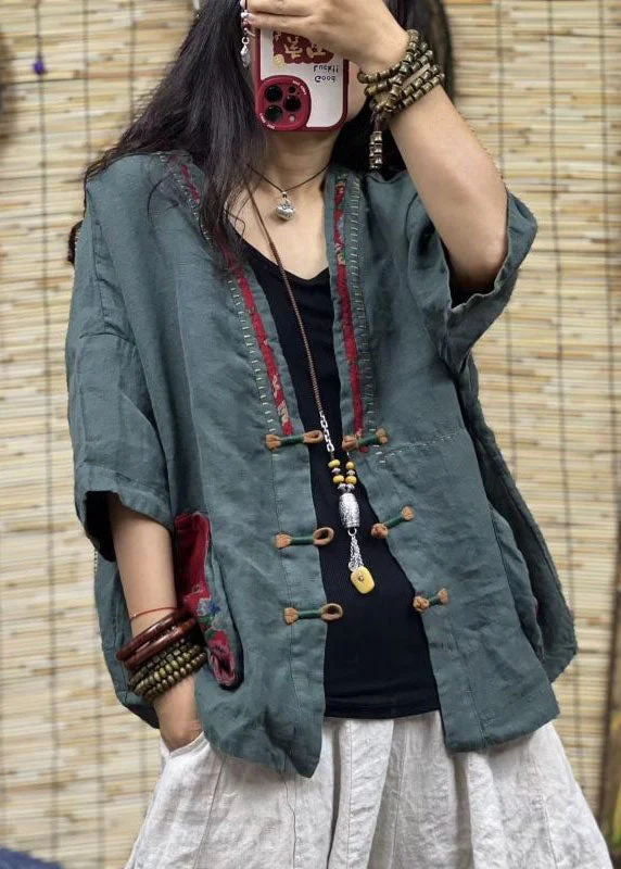 Women's Coats with HoodVintage Green V Neck Pockets Chinese Button Patchwork Linen Coats Summer