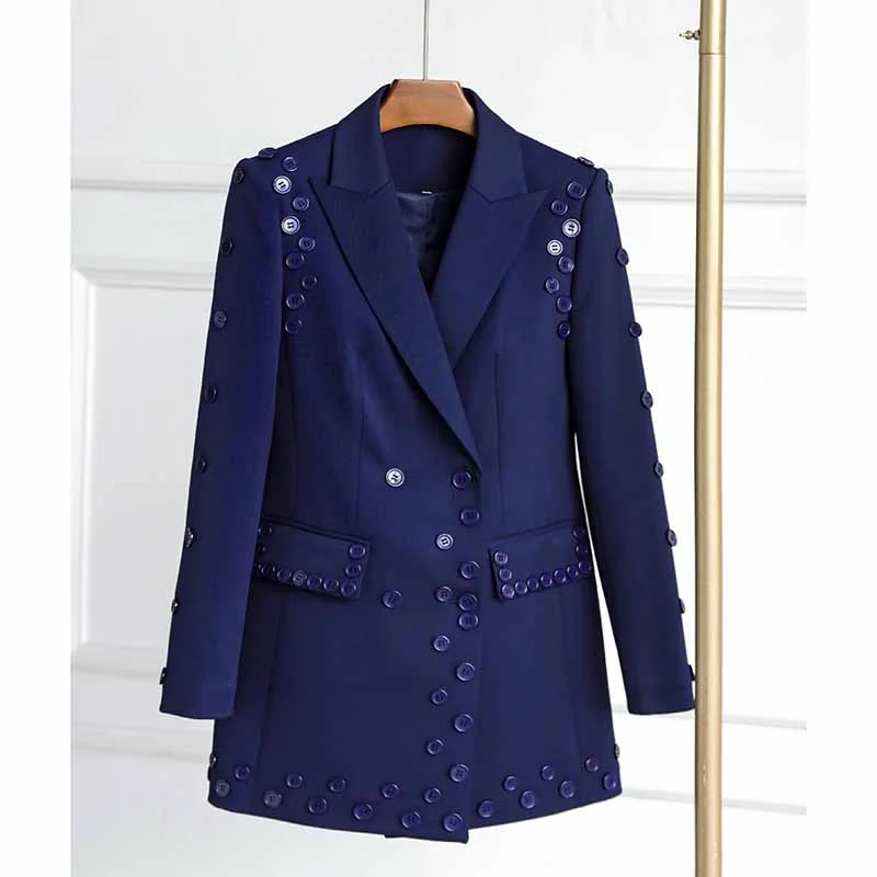 Women's Fur CoatsButtoned Navy Blue Blazer Double Breasted Jacket Elegant Style Coat