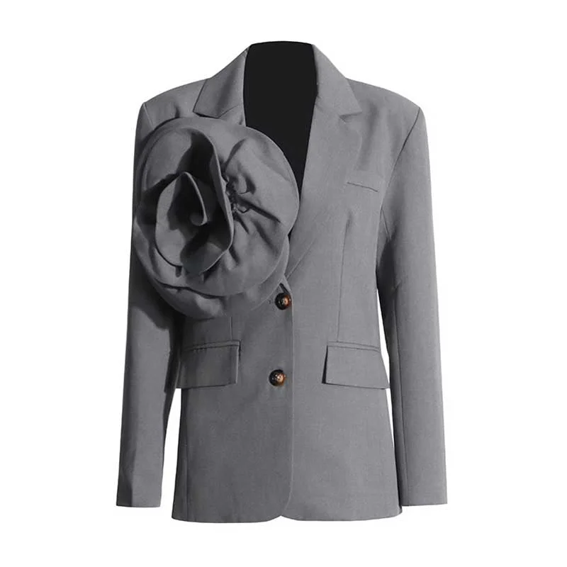 Women's Coats with Fur Trimmed ZipperRose Flower Embellished Loose Grey Blazer Jacket