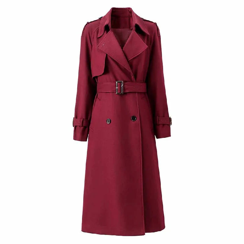 Women's Blazer CoatsWomen Burgundy Trench Coat With Sashes Double Breasted Long Coat