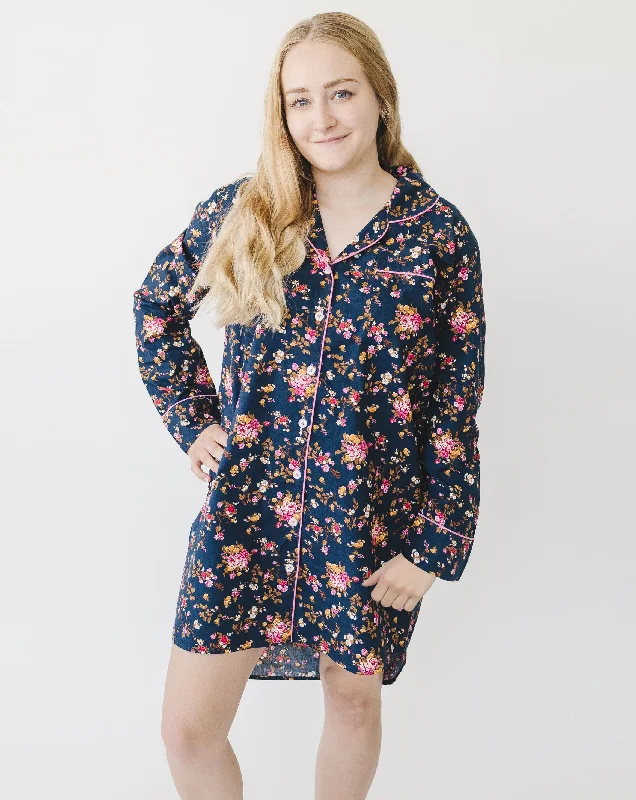 women's pajamas with snap buttonsSara Navy Floral Women's Night Shirt