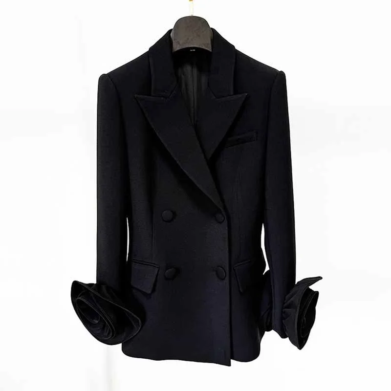 Women's Coats with Fur Trimmed HoodWomen's Black Slim Double-Breasted Jacket Flower Embellished Blazer