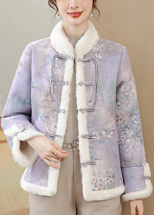 Women's Coats with CollarLoose Purple Print Button Patchwork Warm Fleece Parka Winter