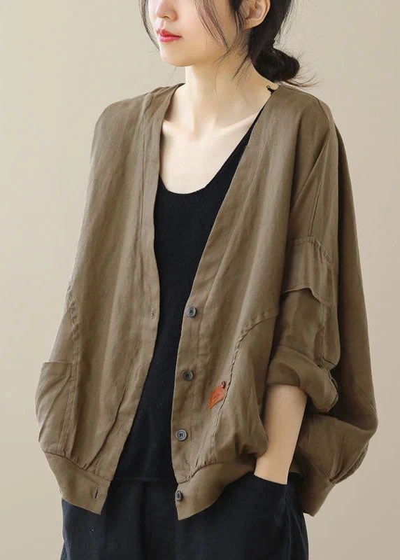 Women's Coats with BeltRetro Coffee V Neck Pockets Button Patchwork Linen Cardigan Coat Fall