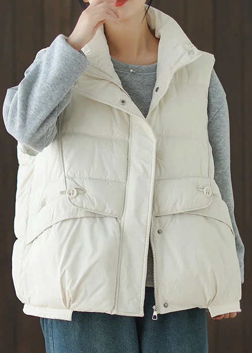 Women's Coats with Fur Trimmed PocketsLoose White Zippered Pockets Duck Down Waistcoat Sleeveless