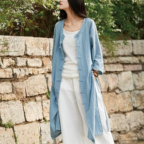 Women's Blazer CoatsStyle Women Solid Color Long Trench Coats  New Cotton Linen Vintage O-Neck Plate Buckle Coats