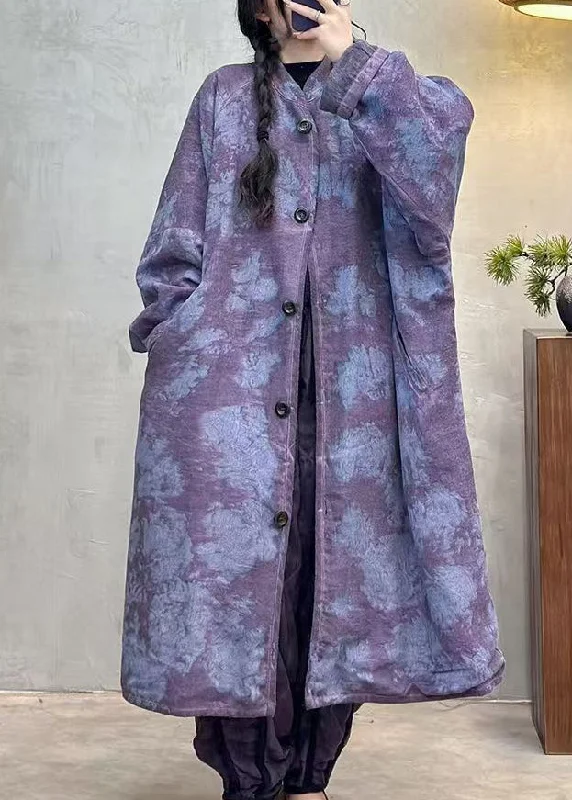 Women's Duffle CoatsVintage Purple Pockets Tie Dye Fine Cotton Filled Coat Winter