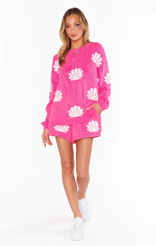 Women's Ruffled SweatersGo To Sweater ~ Hot Pink Shell Knit