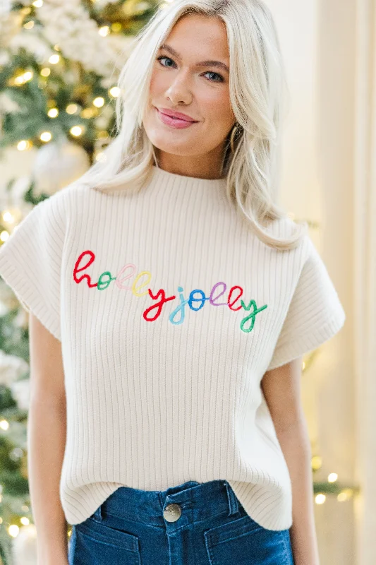 Women's Collarless Design SweatersHolly Jolly Cream White Sweater