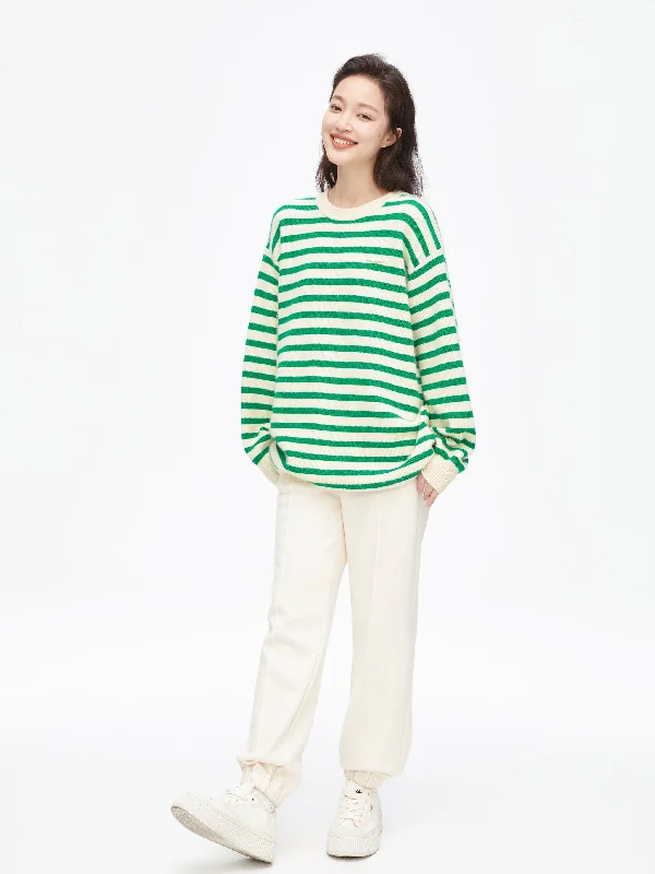 Women's Narrow Collar SweatersFresh Green Striped Sweater