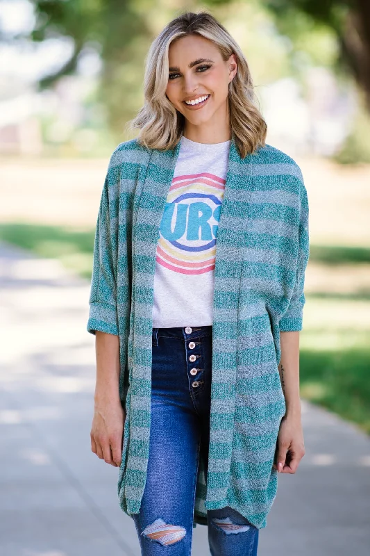 Women's Low Collar SweatersTeal Heathered Stripe Cardigan