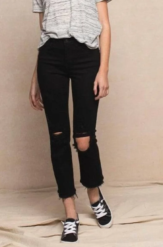 Women's Jodhpurs with Square CollarStraight Leg High Rise Distressed Raw Hem Jeans In Black