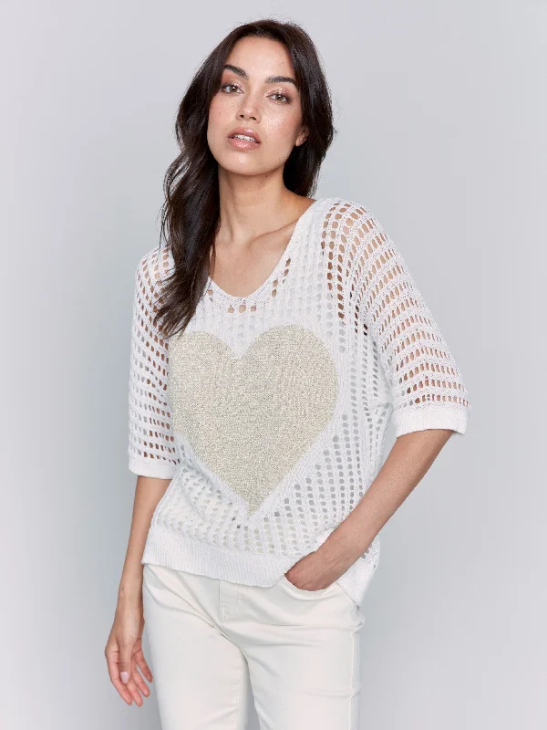 Women's V-Shaped Collar SweatersFishnet V-Neck Sweater with Gold Heart - White