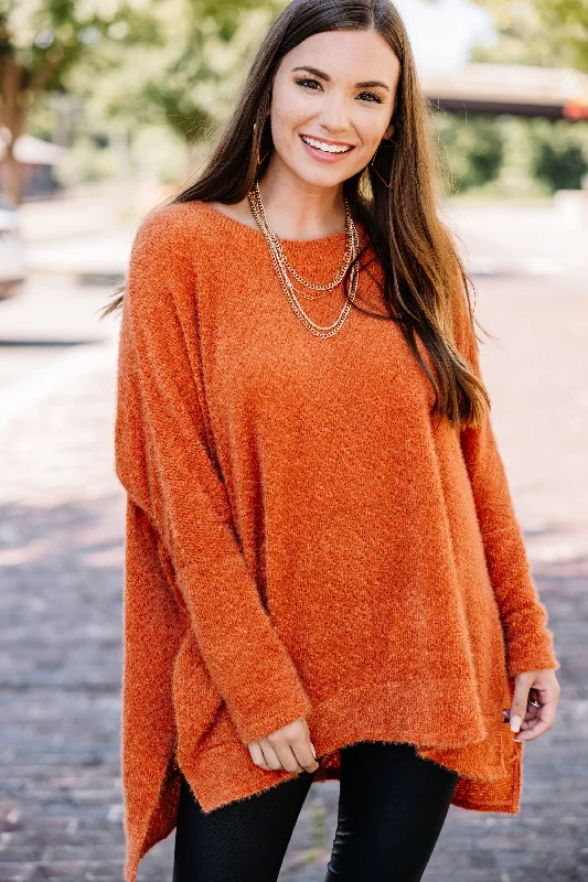 Women's Boat Collar SweatersThink It Over Brick Orange Fuzzy Tunic