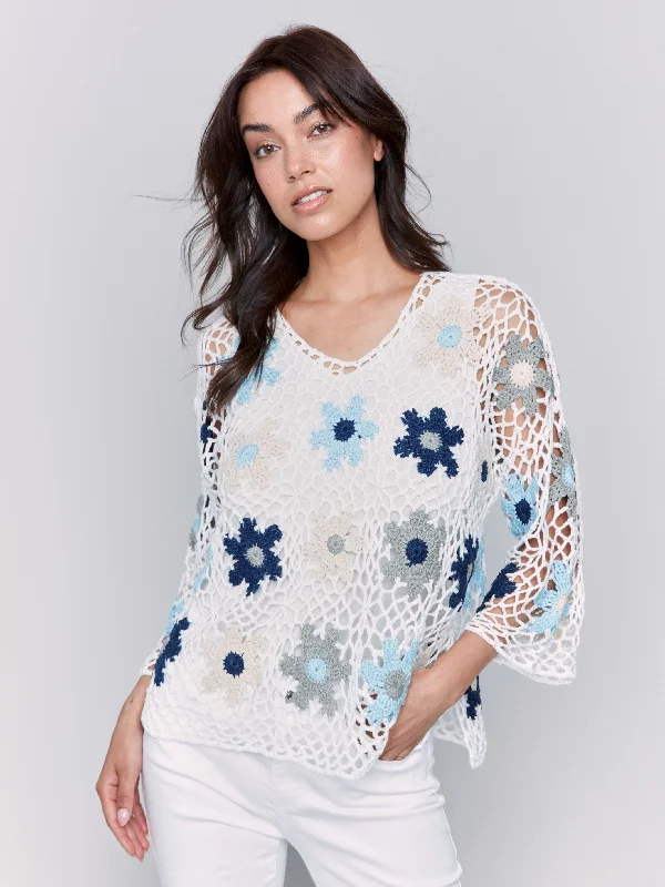 Women's Slovak Wool SweatersHandcrafted Floral Crochet Top - Blue