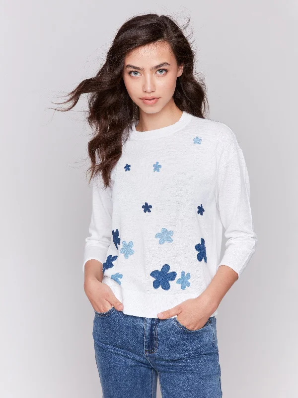 Women's Mandarin Collar SweatersFloral Denim Patch Cotton Sweater - Patches