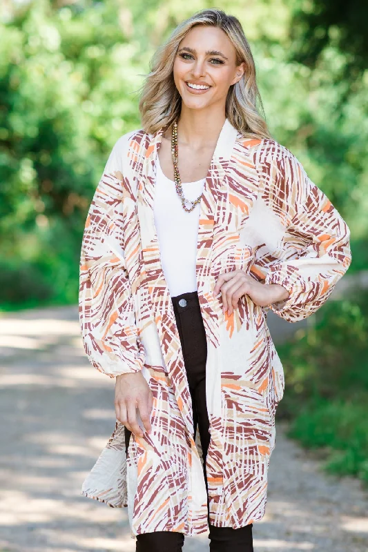 Women's Wide Collar SweatersIvory and Brown Palm Print Mid Length Cardigan