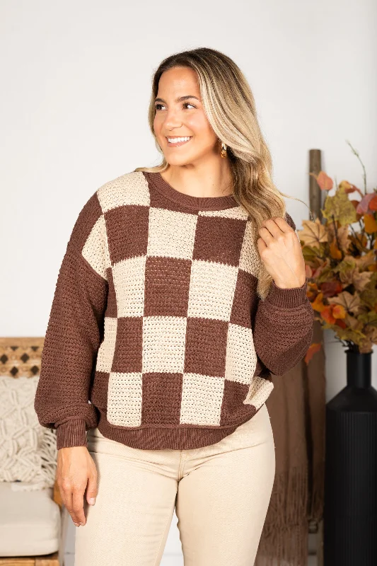 Women's Solid Color SweatersBrown Checkered Crochet Knit Sweater